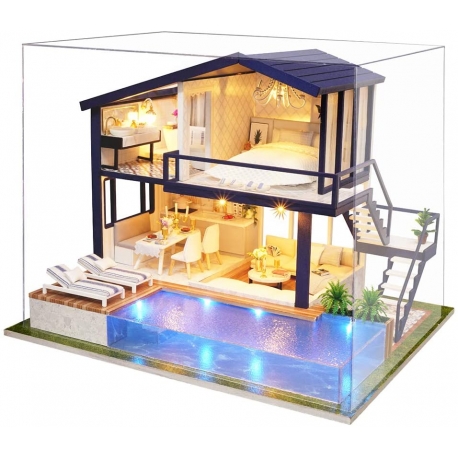 DIY House with Miniature Pool 3D Puzzle with light and music