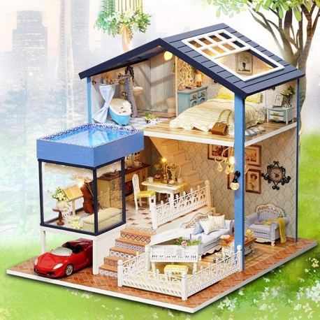 DIY Casa Duplex Miniatura com Piscina Quebra-cabeça 3D Luz e Música
