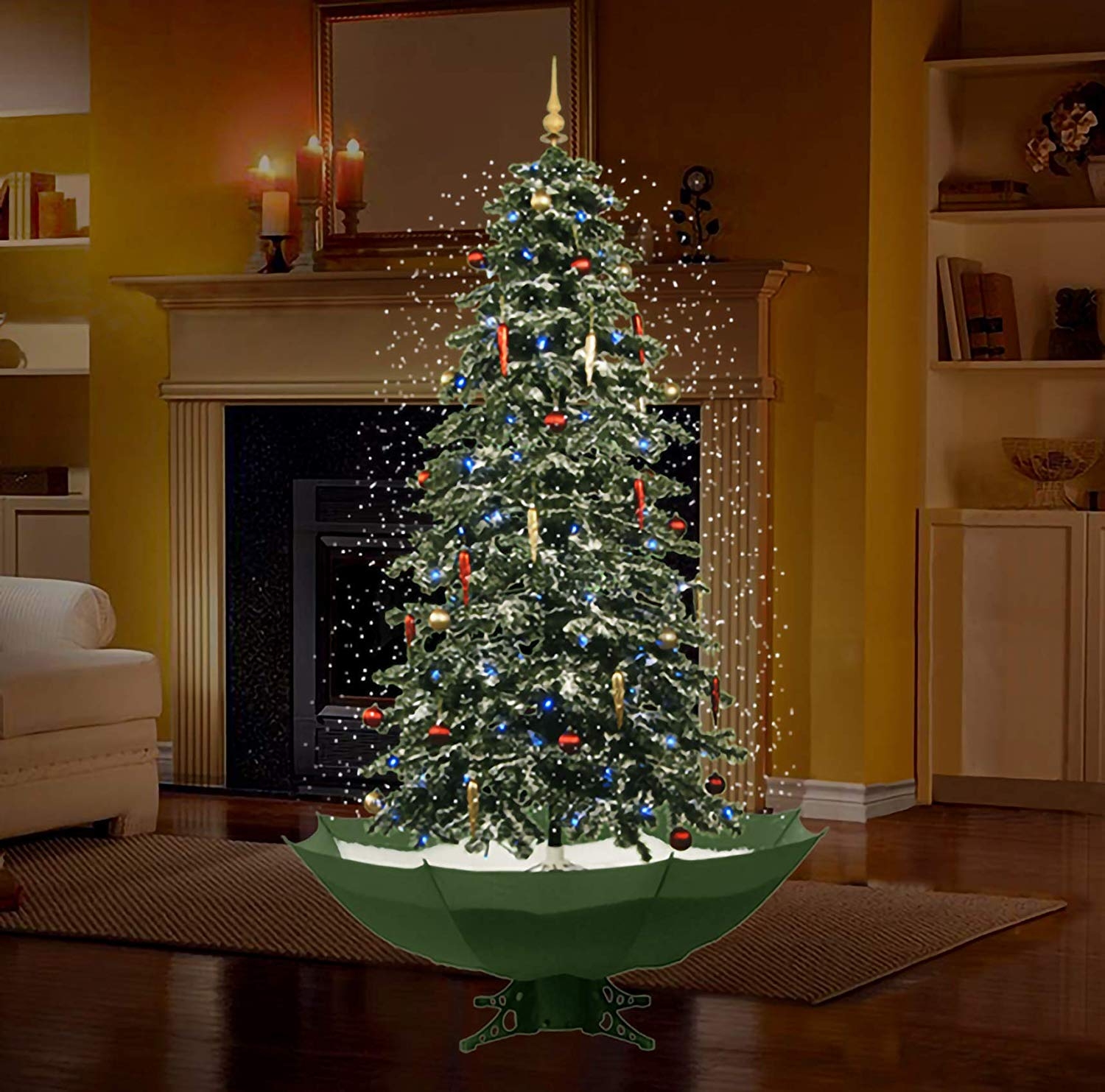 LED tree with artificial snowfall and ornaments  meters