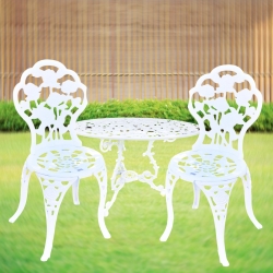 Conjunto de Mesa e Cadeiras Exterior e Jardim Móveis em Alumínio Branco de Alta Resistência. Fabricação de artesanato europeu.