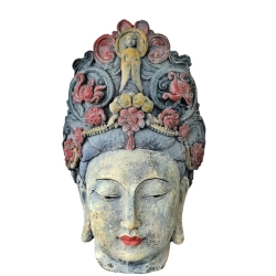 Escultura Cabeça de Mulher Deusa Coroa Oriental Flores Decoração Balinesa